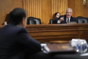 Sen. Chris Van Hollen (D-MD), right, in a heated debate over the deportation of Kilmar Abrego Garcia with Secretary of State Marco Rubio during testimony in front of the Senate Committee on Foreign Relations in Washington, D.C., on May 20, 2025. editorial_image