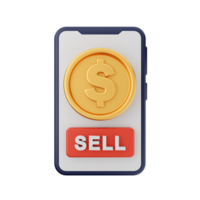 3d illustration of a smartphone with a gold coin and the word sell png