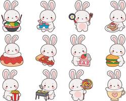 Baby bunny in the variation of food and bakery. Illustration of cute bunny icon. Funny rabbit in daily activities elements. vector