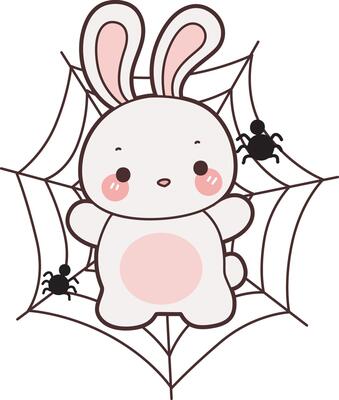 Baby bunny stuck in the spider web. Illustration of cute bunny icon. Funny rabbit in daily activities elements.