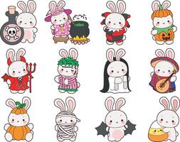 Baby bunny in the variation of halloween costume. Illustration of cute bunny icon. Funny rabbit in daily activities elements. vector