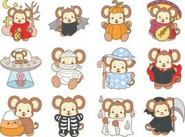 Baby monkey in the variation of halloween party. Cute Monkey icon. Funny baby Monkey animal series stock illustration. life of fluffy Monkey designs. vector