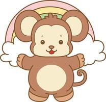 Baby monkey in front of rainbow. Cute Monkey icon. Funny baby Monkey animal series stock illustration. life of fluffy Monkey designs. vector