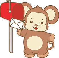 Baby monkey send a message by mail box. Cute Monkey icon. Funny baby Monkey animal series stock illustration. life of fluffy Monkey designs. vector
