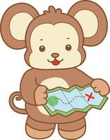 Baby monkey see the map for finding a location. Cute Monkey icon. Funny baby Monkey animal series stock illustration. life of fluffy Monkey designs. vector