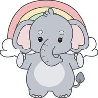 Baby elephant in front of the rainbow. Cute Elephant icon. Funny baby Elephant animal series stock illustration. Life of fluffy Elephant designs. vector