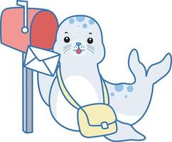 Baby seal send a message by mail box. Cute Seal icon. Funny baby Seal animal series stock illustration. Life of fluffy Seal designs. vector