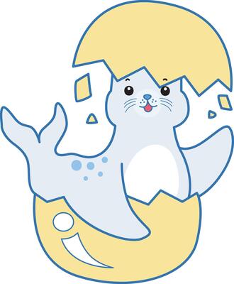 Baby seal in the crack of eggs. Cute Seal icon. Funny baby Seal animal series stock illustration. Life of fluffy Seal designs.