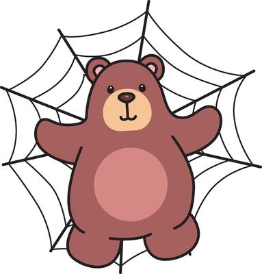 Bear stuck in the spider web in halloween. Illustration of cute bear icon. Funny bear in daily activities elements.