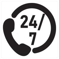 24x7 Call and clock icon concept in black filled color vector