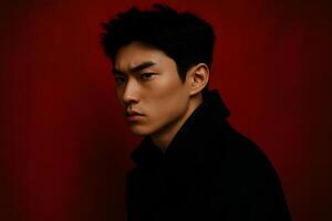 A man in a black coat and black shirt against a red background photo