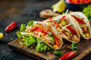 Delicious Chicken Tacos Recipe A Step-by-Step Guide to Making Flavorful, Zesty Chicken Tacos with Corn, Cheese, Tomatoes, and Lettuce on a Wooden Board. Simple Taco Tuesday Dinner Idea. photo