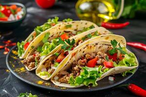 Delicious Ground Meat Tacos Recipe A Flavorful and Simple Guide to Making Tasty Tacos with Lettuce, Tomatoes, and Onions. Quick and Easy Taco Tuesday Dinner Idea. photo