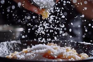 Cooking with Salt A Culinary Technique for Enhancing Flavor and Texture, Sprinkling Seasoning on Delicious Food with Precision and Care, Achieving Perfect Taste. photo