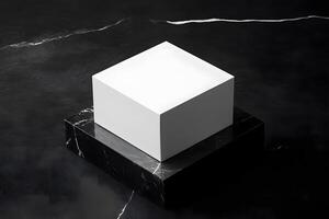 Modern Cube Rests on Black Marble Base, Creating a Striking Minimalist Display for Product Showcase or Artistic Composition. Elegant Design, Clean Lines, and Sophisticated Aesthetic. photo
