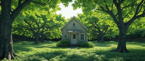 A small house in the middle of a lush green forest photo