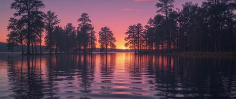 A sunset over a lake with trees in the background photo