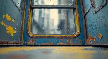 Rusty Subway Car Window with Weathered Blue and Yellow Surface. photo