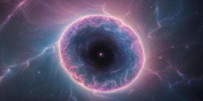 nebula of colorful stardust forms glowing ring around area of dark space like cosmic eye photo