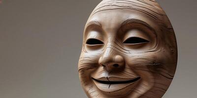 A wooden mask with a smiling face is displayed on a grey background photo