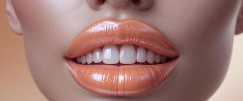 Close up of glossy lips with peach lipstick and visible teeth row. photo