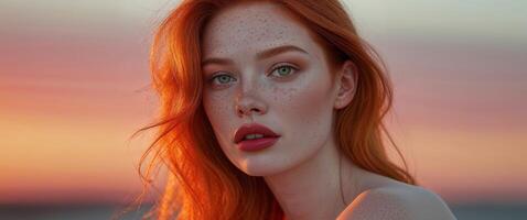 Beautiful redhead model posing with freckles showing at sunset photo