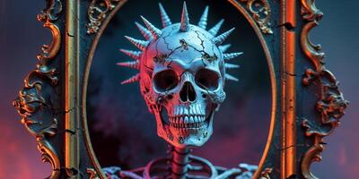 A skeleton with spikes on its head is in a frame photo