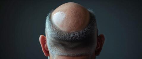 Two images showing the back of a mans balding head photo