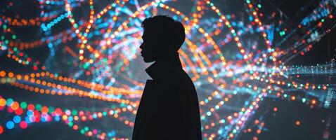 Double Exposure of Silhouette with Festive Lights and Digital Streams. photo