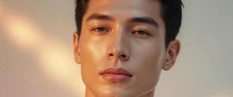 Tight Shot of a Man s Glowing Skin with Defined Cheekbones. photo