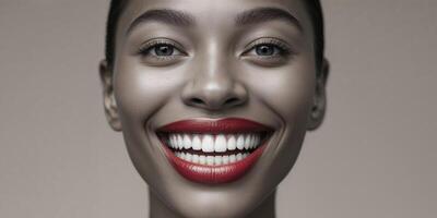 A close up of a smiling face with red lips and white teeth photo
