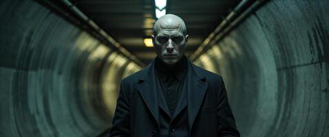Man in coat standing alone in dark subway tunnel. photo