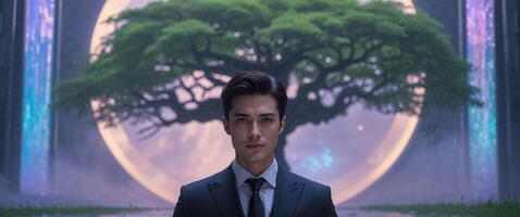 A person stands before a massive portal with a tree inside. photo