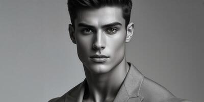 A handsome young man is modeling in a studio setting photo