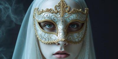 enigmatic gaze behind an ornate venetian mask revealing piercing eyes hinting at mystery and intrigue in a dimly lit setting photo