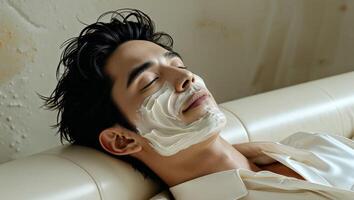 A man is laying on a couch with a cream on his face photo