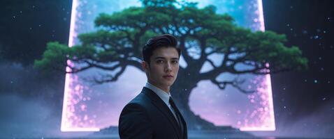 A man in a suit standing in front of a tree photo