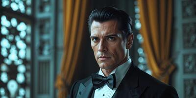 A man in a tuxedo is looking off to the side photo