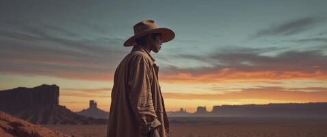 Man in cowboy hat standing in desert at sunset photo