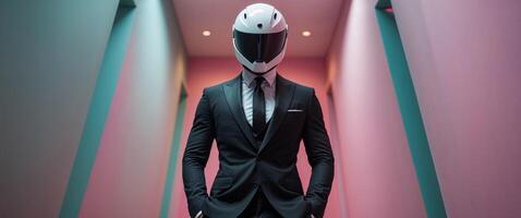 Man in Black Suit and White Helmet in Pink and Teal Hallway photo