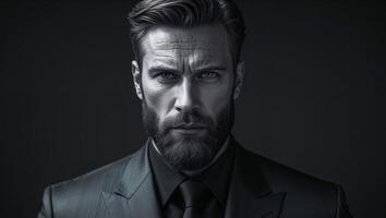 Intense gaze of confident bearded man in suit projecting power and determination Dark background photo