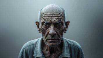 Senior man with deep wrinkles staring intently at viewer photo