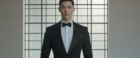 A man in a black suit and bow tie stands in front of a window. photo