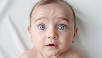 A baby with blue eyes and a surprised expression photo