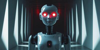 A robot with red eyes stands in a dark room photo