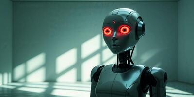 A robot with red eyes stands in a dark room. photo