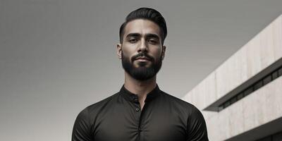 Man with a beard and a black shirt is standing in front of a building photo