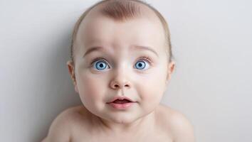 A baby with blue eyes and a surprised expression. photo