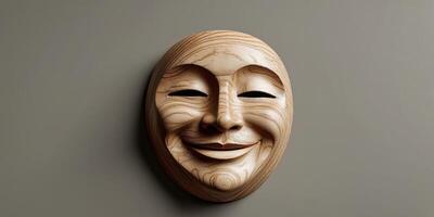 A wooden mask with a smiling face is displayed on a grey background. photo