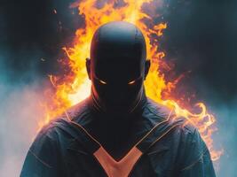 Fiery energy emanates from a silhouette amidst a dark background in a digital artwork showcasing transformation and power photo